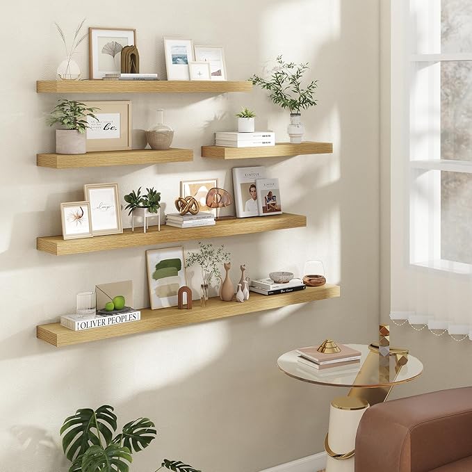 40 Inch Floating Shelves | 6.5 Inch Deep Oak Floating Shelves Set of 2 | 40" W x 6.5" D Rustic Oak Shelves with Invisible Bra