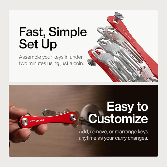 KeySmart Original Key Holder - Compact Key Organizer for Key Chain, Minimalist Clutter-Free EDC Keychains Key Ring, Red, 14 K