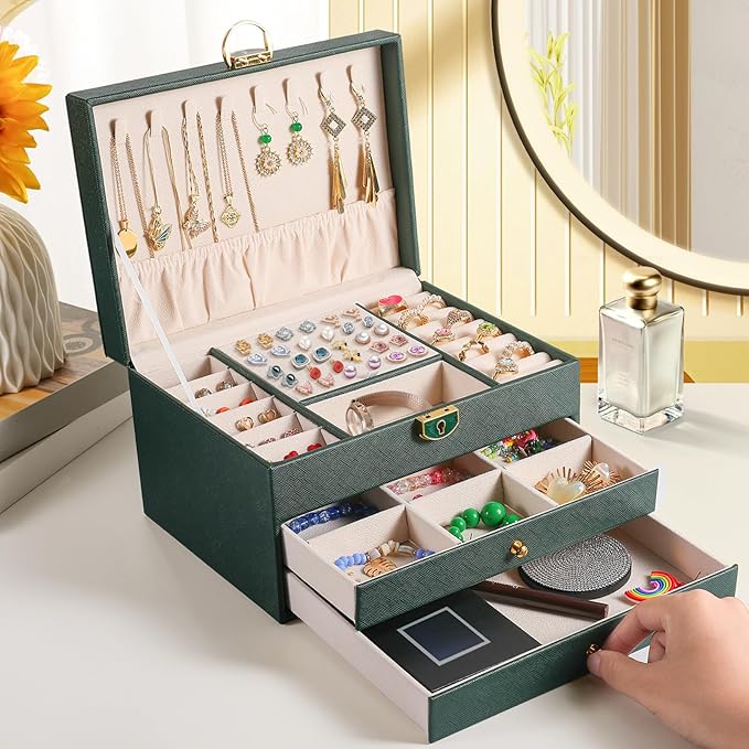coobest 3 Layer Jewelry Box, Jewelry Holder Organizer with 2 Drawer Tray, Large boxes for Women Velvet Earring Organizer, Loc