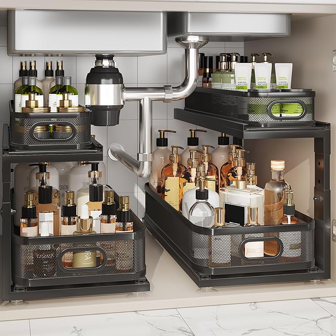 2 Pack 21IN-Depth Under Sink Organizer With Next-Gen Ball-Bearing Slides,2-Tier Precision Mesh Pull Out Cabinet Storage for B