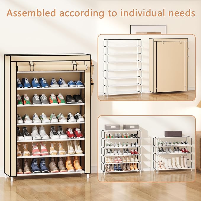 Laiensia 7-Tier Vertical Shoe Rack Organizer, Space Saving Shoe Storage Organizer, Non-Woven Cover Shoe Shelf Holds 28-35 Pai
