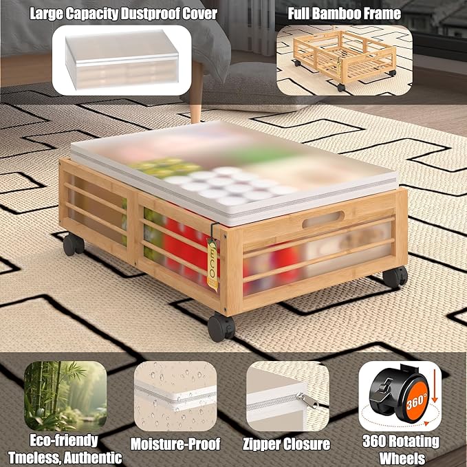 Bamboo Underbed Storage Containers with Wheels & Bag 2 Pack, Large Under Bed Rolling Storage Bins Wood Under Bed Clothes Stor
