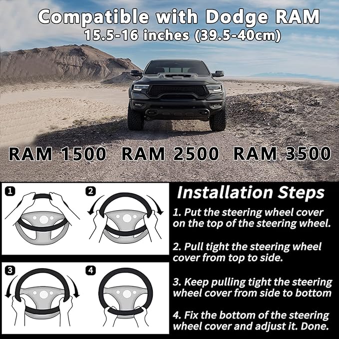 Yangday Leather Steering Wheel Cover for Dodge Ram 1500 2500 3500, 15.5-16 inches Car Steering Wheel Cover with Non-Slip Brea