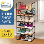 Sundaze Shoe Rack - 6 Tier Tall Shoe Rack for Closet, Sturdy Stackable Shoe Organizer for Closet, Bedroom, Entryway, Garage, 