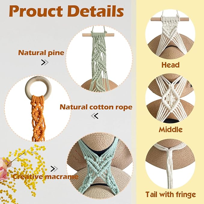 Bohemian Hat Rack Hat Hanger, Macrame Hat Organizer for Wall Hanging, Handmade Hat Holder, Hat Storage for Wide-Brim Hats, Bo