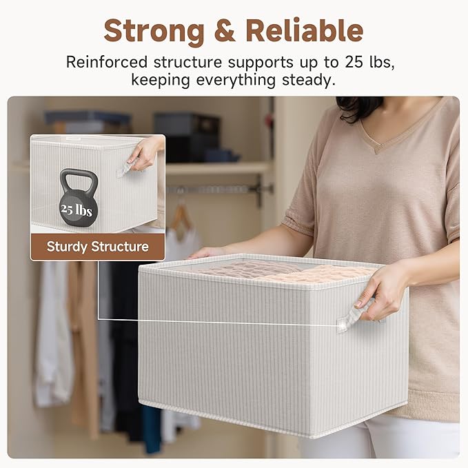 StorageWorks Foldable Shelf Organizer Bins, Closet Storage Baskets for Clothes, Storage Bins for Organization, Beige Stripes,