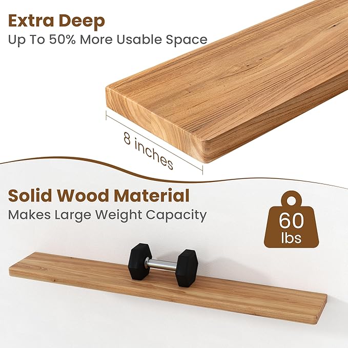 Floating Shelves for Wall, 48"Wx8"D Rustic Solid Elm Wood Floating Shelves Wall Mounted, Round Edge Wall Shelves with Invisib