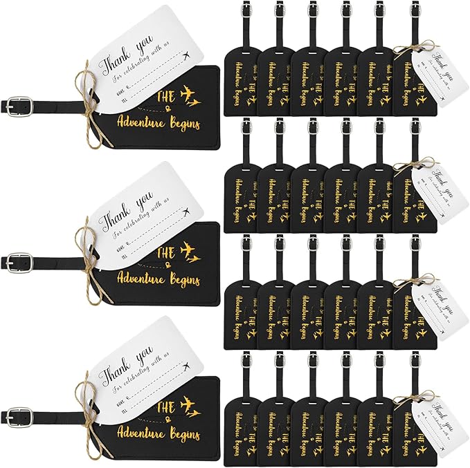 Sweetude 48 Sets Leather Luggage Tag Bulk and So The Adventure Begins Luggage Tags with Name Card for Wedding Bridal Shower B