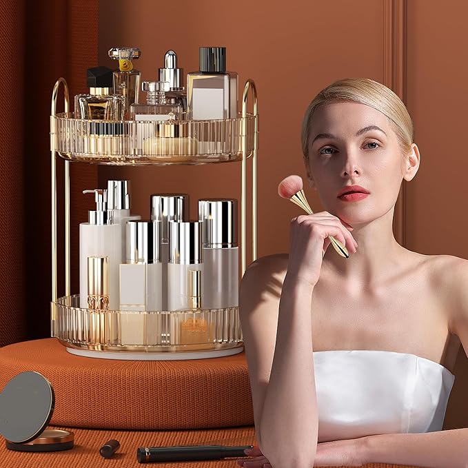 YCIA&DONE 360 Rotating Makeup Organizer and Storage for Vanity Countertop 2 Tiers, High Capacity Cosmetic Skincare Perfume Or