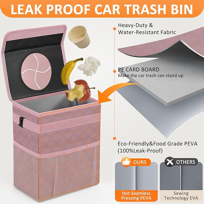 Car Trash Can Cute Trash Bag Bin Hanging Waterproof Automotive Garbage Cans Leak Proof Vehicle Trash Can Diamond Pattern-Pink