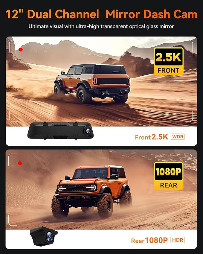WOLFBOX G840H 12'' Mirror Dash Cam with ADAS and BSD, 2.5K Rear View Mirror Camera Front and Rear, 5.8GHz WiFi, Voice Control