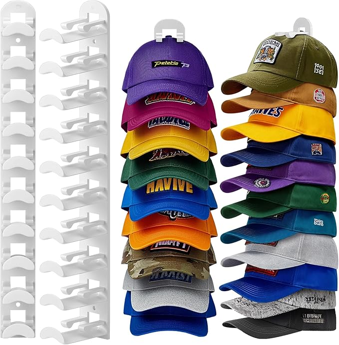 2 Pack Hat Organizer for Baseball Caps, Hat Rack for Wall Hold Up to 20 Hats, Hat Holder with Strong Adhesive and Screws, Hat