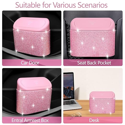 NBTEPEM Bling Pink Car Trash Can with Lid, Mini Auto Garbage Can with 30 Trash Bags, Automotive Garbage Container Bin, Bling Car Accessories Trash Can for Women (Pink Diamond)