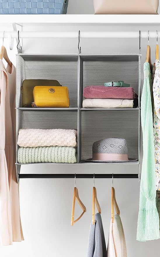 Whitmor Hanging Closet Organizer - 4 Section Closet Organizer with Garment Rod - Space-Dyed Grey