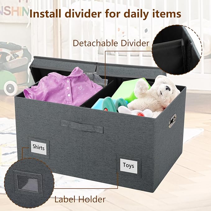 Graciadeco 75 Quarts Extra Large Decorative Storage Bins with Lids, 3 Packs Dark Gray Collapsible Storage Bins with Lids, Sta