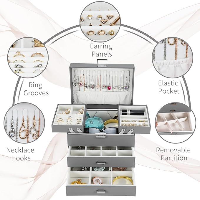 Dajasan Jewelry Organizer Box, Large Jewelry Boxes for Women Girls, Space-Saving 4 Layers Jewelry Storage Case with Drawer, M