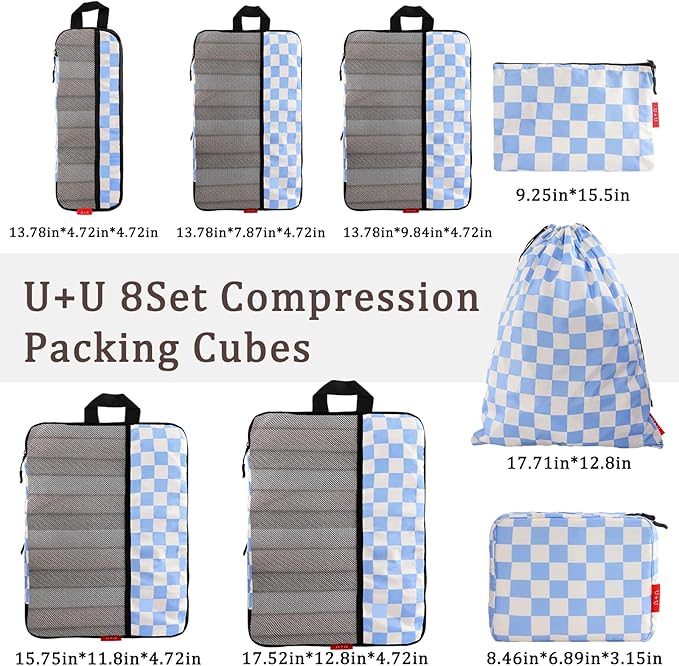 U+U 8 Set Compression Packing Cubes - Ultralight Travel Organizers with Laundry Bag and Cosmetic Bag, Space-Saving Suitcase O