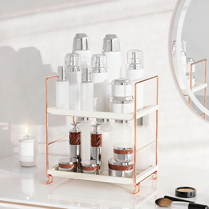 FSyueyun 2-Tier Bathroom Countertop Organizer, Tool-Less Installation Premium Plastics Makeup Shelf Organizer Perfume Skincar