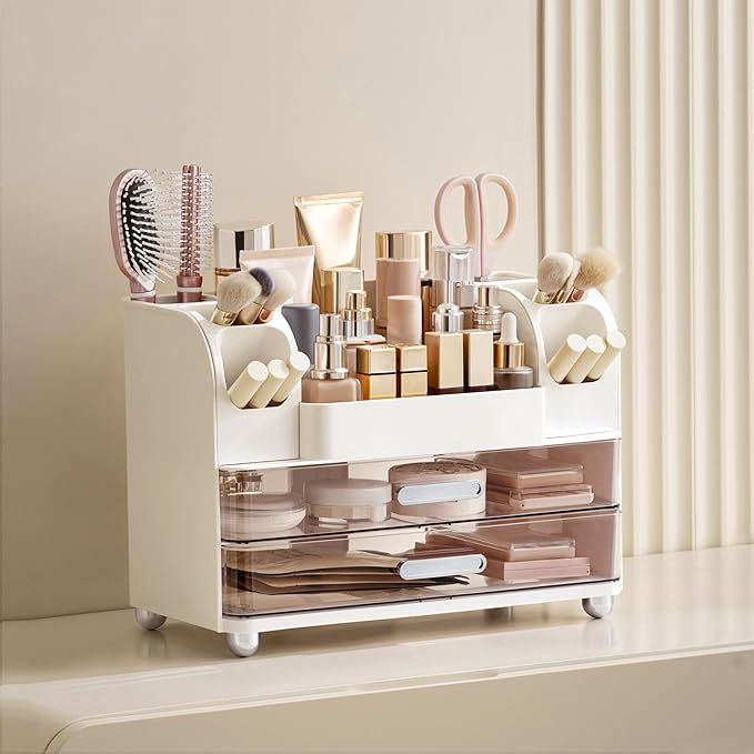 HBlife Makeup Organizer for Vanity with Brush Holder, Large Bathroom Countertop Cosmetic Organizer Skin Care Storage, Easy to