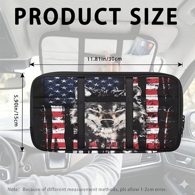 Wolf American Flag Car Sun Visor Storage Bag,Truck Visor Organizer Card Sleeve Pocket Document Holder for Registration, Driving Licens