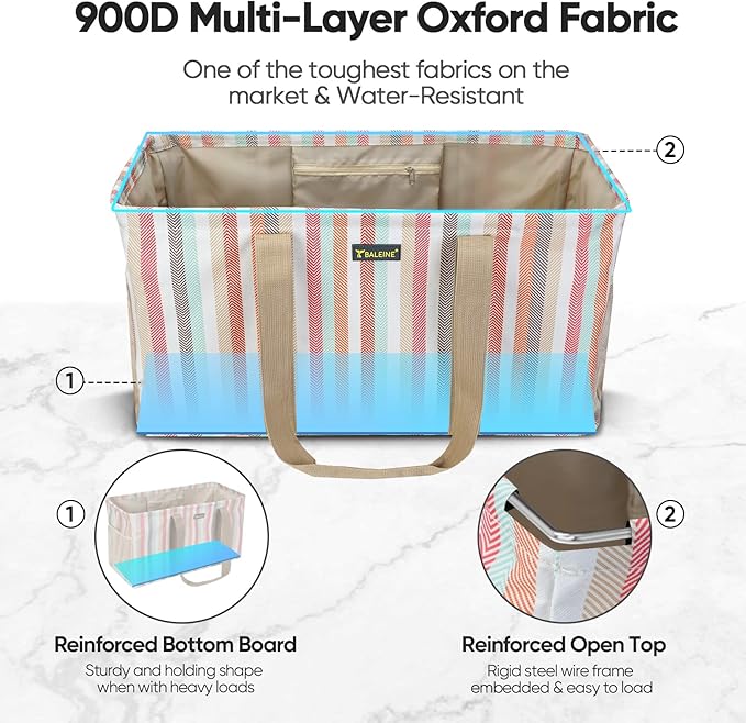 BALEINE Extra Large Utility Tote Bag with Reinforced Wire Frame, Reusable Grocery Bag for Shopping, Picnic (Color Stripe, 22''x12''x10'')