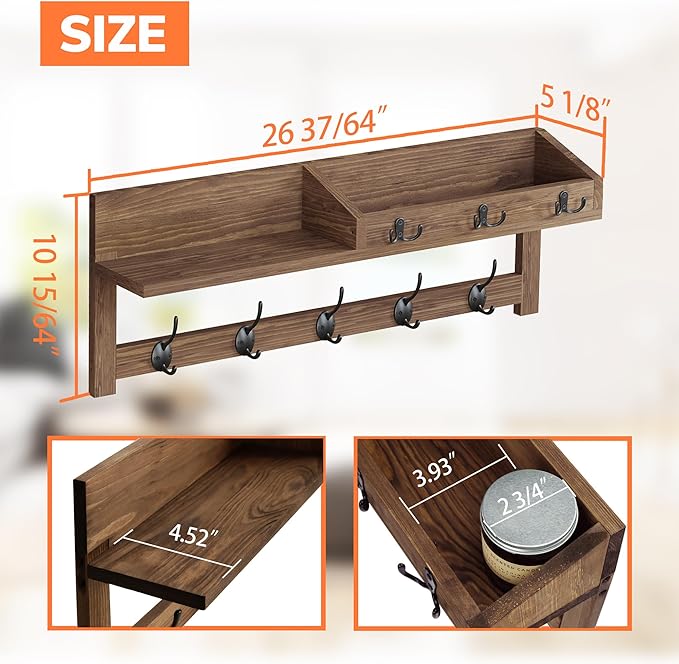 AMBIRD Wall Hooks with Shelf, 26.57 Inch Entryway Wood Coat Hooks for Wall with Shelf, Coat Rack Wall Mount with 5 Dual Hooks