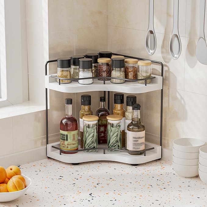 2-Tier Corner Bathroom Counter Organizer with Embedded Screw Holes, Secure & Stable Wood Vanity Shelf for Makeup and Skincare