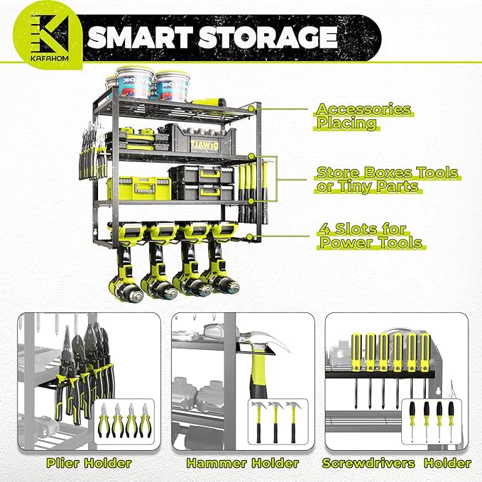 KAFAHOM Power Tool Organizer, Garage Tool Organizers and Storage,Drill Holder Wall Mount, Storage Rack for Cordless Drill, He