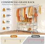 Gewudraw Heavy Duty Clothes Rack with Metal Basket, 1060 LBS Rolling Double Rod Garment Rack, Portable Extendable Clothing Ra