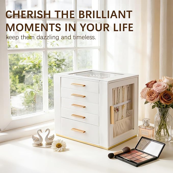 Homeanda Jewelry Box for Women with Glass Lid, 5 Drawers Jewelry Organizer and Storage for Necklaces, Rings, Earrings, Bracel