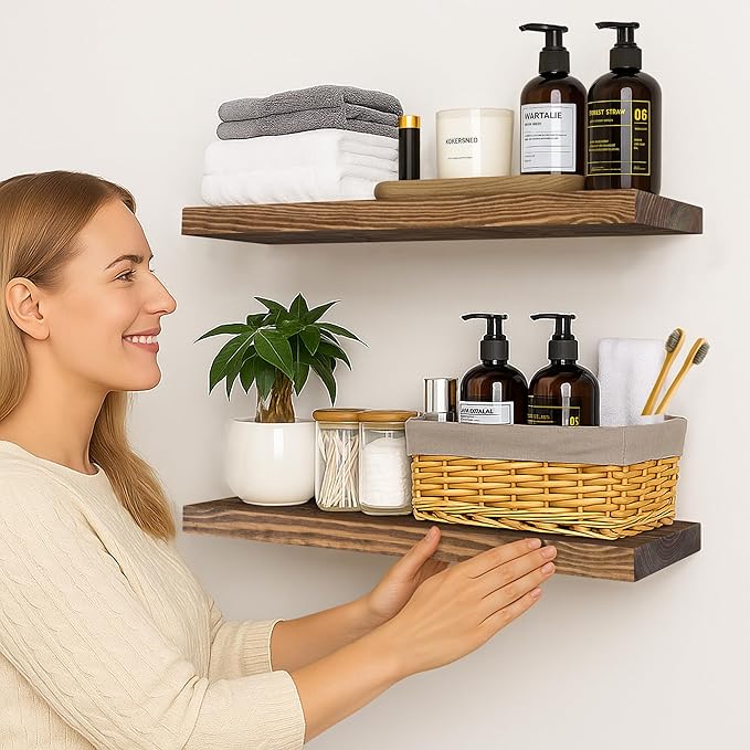 BGMG Wood Floating Shelves for Wall 24 inch Set of 2, Rustic Wooden Wall Mount Shelves for Bathroom Living Room Bedroom Kitch
