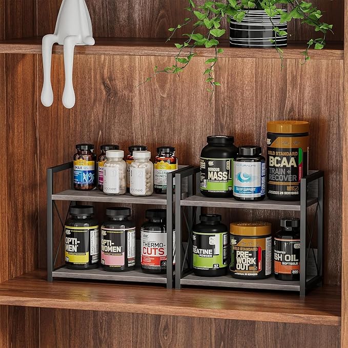 Giikin Countertop Shelf Organizer, 2 Tier Kitchen Spice Rack Organizer for Countertop, Wood Coffee Counter Shelf Organizer fo