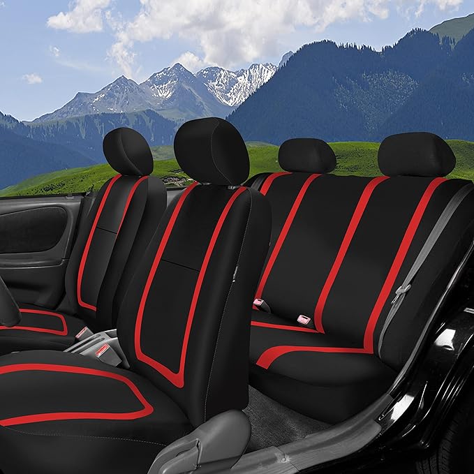 FH Group Unique Flat Cloth Full Set Car Seat Covers w. Silicone Steering Wheel Cover- Universal Fit for Most Cars, Trucks, SUVs or Vans (Red/Black)