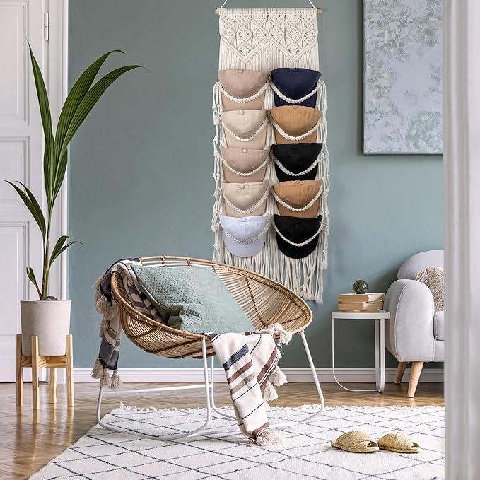 Macrame Hat Hangers for Wall Handmade Boho Baseball Cap Hanger Hand Knitting Cap Organizer Hat Holder for Wall Over Door Ball