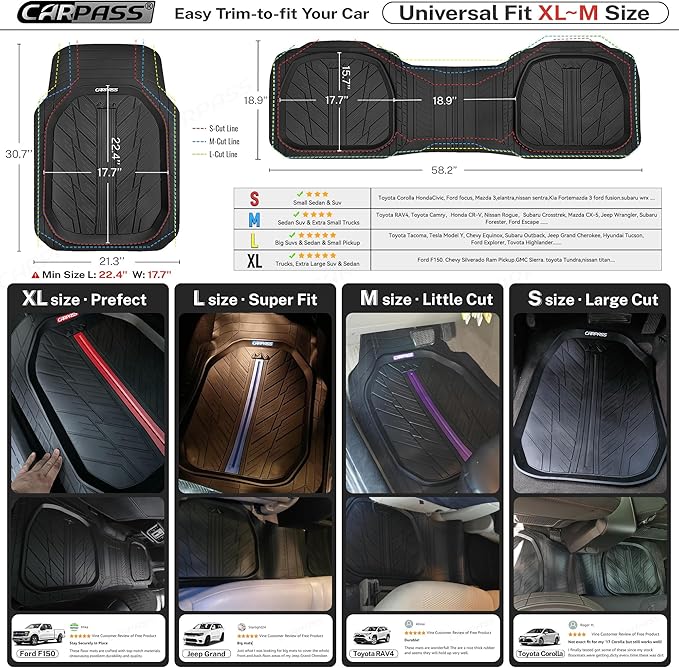 CAR PASS Tire Tread DeepDish Rubber Floor Mats for car Heavy Duty car mats All Weather, Universal XL~M Trim to Fit for Truck SUV Vehicle Automotive, Waterproof car mats 3 Piece (Purple Black)
