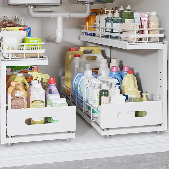 Under Sink Organizer Upgrade To Professional Rails,2-Tier Dual Pull Out Cabinet Storage,Height Adjustable Slide Out Drawers F