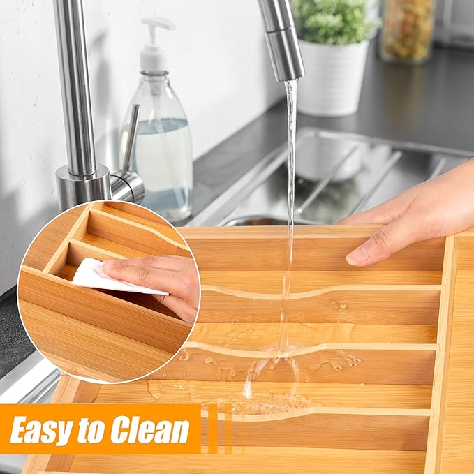 Bellsal Large Premium Bamboo Silverware Organizer - Expandable Utensil Drawer Organizer - 17"x19.6" Utensil Holder and Cutler