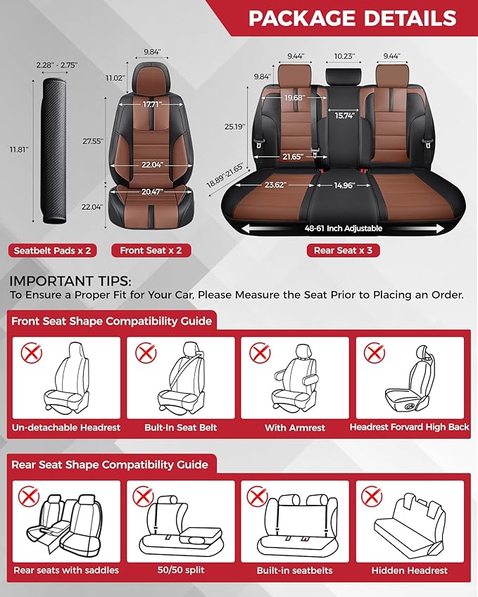 FREESOO Black Brown Car Seat Covers Full Set - Faux Nappa Leather Seat Covers for Cars, with Front Seatbelt Pads, Ultra Water