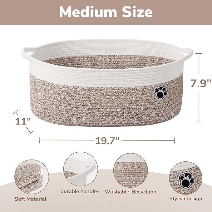 Large Dog Toy Basket, 19.7" X 11" X 7.9" Woven Rope Basket for Toy Storage, Dog Storage Bins with Handles, Gift Baskets Empty