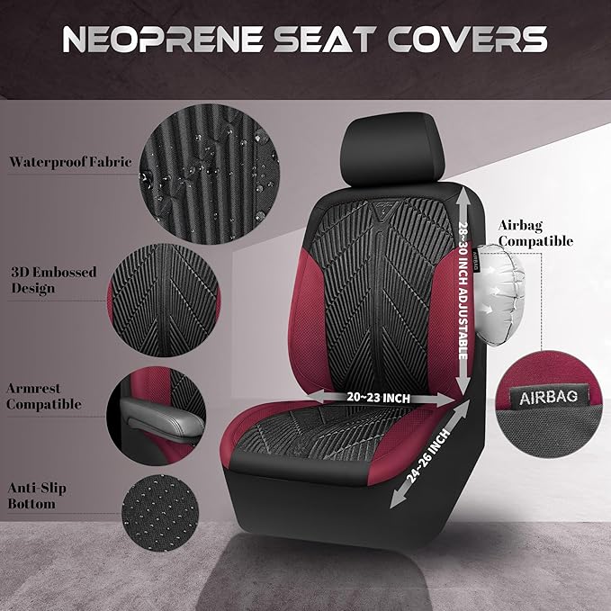 CAR PASS Waterproof Black Red Car seat Covers Front Seat Covers Neoprene Wetsuit,All-Weather Non-Slip Durable,Universal Fit f