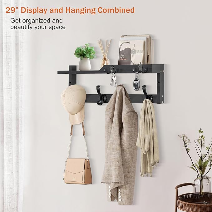 dreampossible Coat Rack Wall Mount with Shelf, Coat Hanger Wall Mount with Key Hooks and Mail Holder, Wood Entryway Floating 