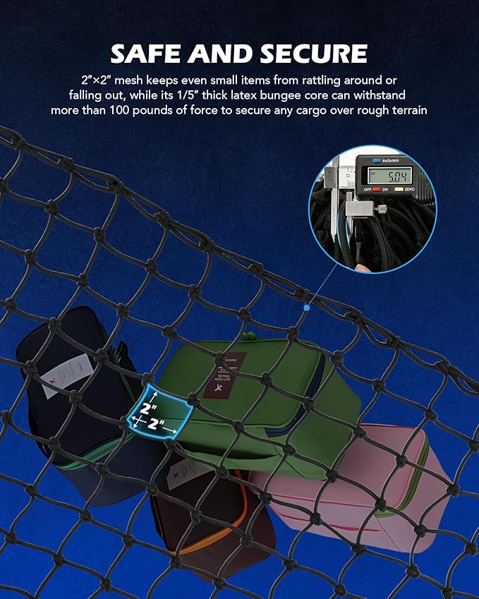 Orion Motor Tech 2'x3' Small Cargo Net with 2"x2" Small Mesh, 4x6 Foot Max Size Cargo Net for SUV Roof Rack Cargo Basket Net with Locking Carabiners, Ratchet Strap, Roof Rack Net
