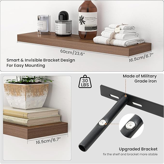 Heimlove 24 Inch Floating Shelves for Wall,Mounted Storage Wood Shelves with Invisible Brackets Hanging Shelf for Bedroom,Liv