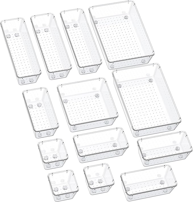 SMARTAKE 13-Piece Drawer Organizers with Non-Slip Silicone Pads, 5-Size Desk Bathroom Drawer Organizer Trays Storage Tray for