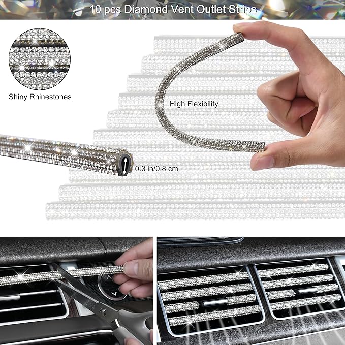 CAR PASS 30 PCS Bling Diamond Car Accessories Set for Women, Bling Steering Wheel Covers 15 Inch, Shining Rhinestone License Plate Frame, Sparkly Phone Holder, Cute Interior Set Decorations, Silver