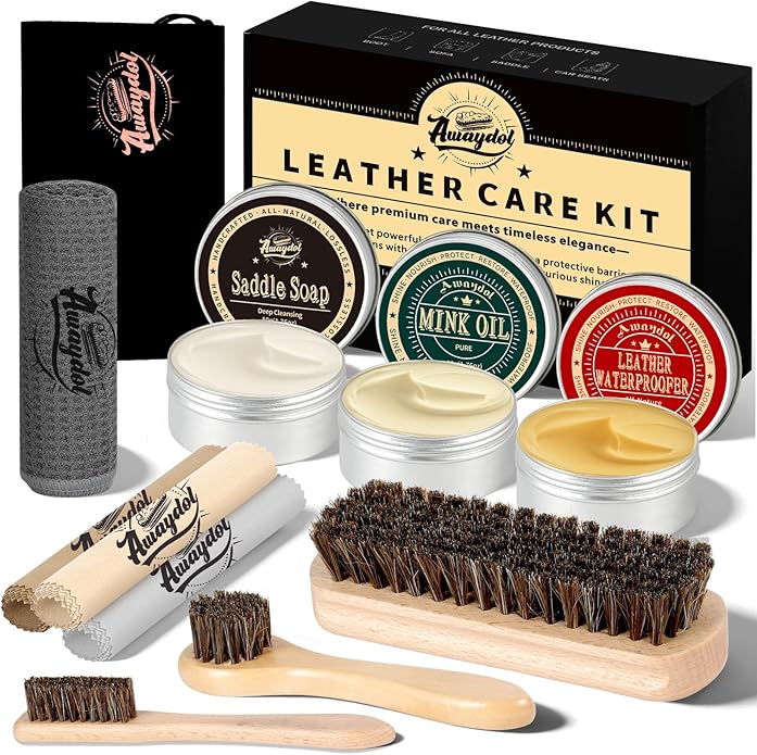 10 PCS Leather Care Kit - Horsehair Brushes,Saddle Soap,Waterproofing Wax,Mink Oil Conditioner,Polishing Cloth,Microfiber clo