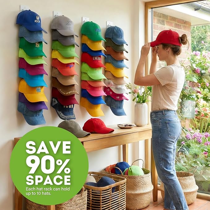 Detachable 2 Pack Hat Hook Organizer for Baseball Caps, Hat Hanger Holder for 20 Caps, Wall Hat Rack with Strong Adhesive, Mu