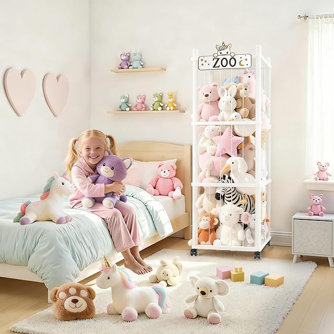Stuffed Animal Storage Zoo Tower,56In Wooden Large Stuffed Animal Holder Organizer with Wheels,Stuffy Plushies Storage with E