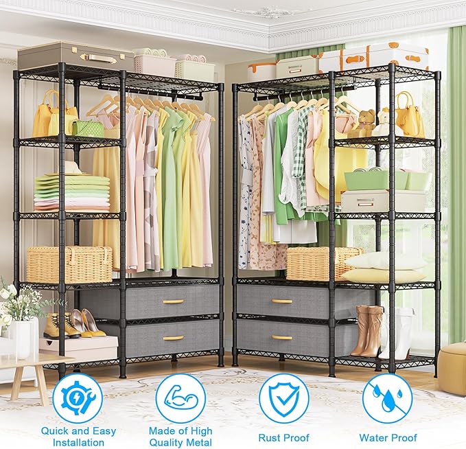 Ulif F3 Heavy Duty Clothes Rack（With Fabric Drawers）Freestanding Clothing Racks for Hanging Clothes，Adjustable Closet Organiz