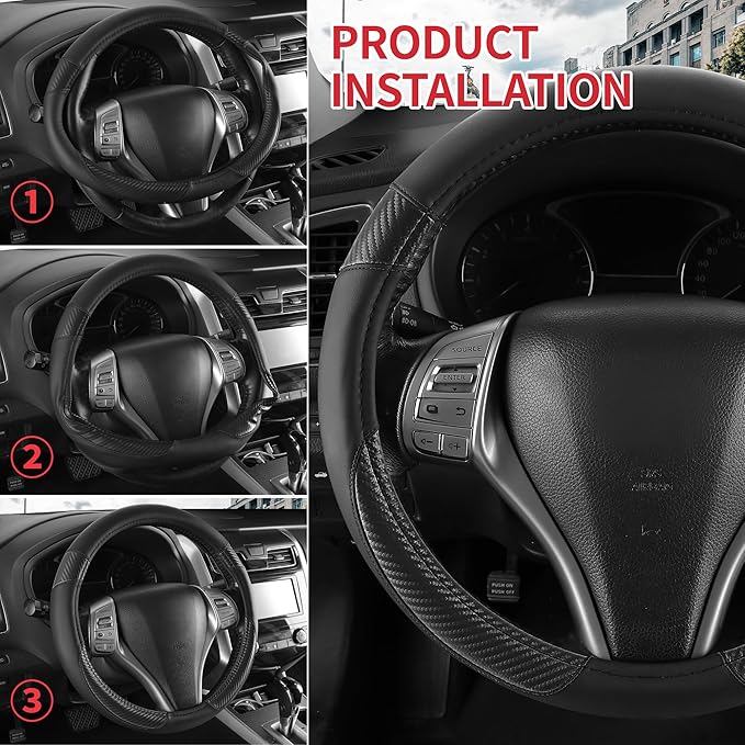 Non-Slip Car Nappa Leather Steering Wheel Cover,Universal Car Accessories Women Men Fit 14" 1/2-15" Suvs/Vans/Sedans/Cars/Tru